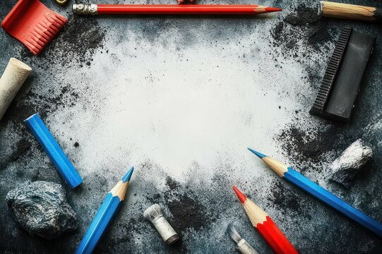 Messy creative workspace with blue and red colored pencils, charcoal dust, pastel sticks, erasers and sharpenings surrounding blank paper, gritty energetic mood