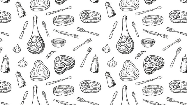 Hand drawn sketch seamless pattern of raw meat steaks and kitchen utensils food