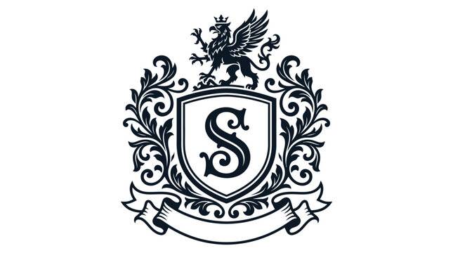 Letter S heraldic crest with griffin and floral frame.