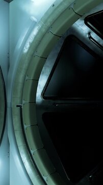 A circular structure is seen in a technological space. The environment is dimly lit with light reflections on the metallic surfaces. The focus is on the circular design and its features.