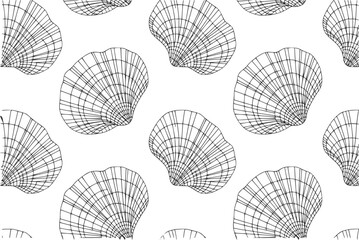 Seamless pattern of black and white scallop shells in a repeating © Stock Soul