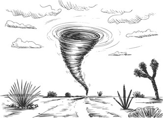 Of a tornado raging in a desert landscape with sparse vegetation and clouds © Stock Soul