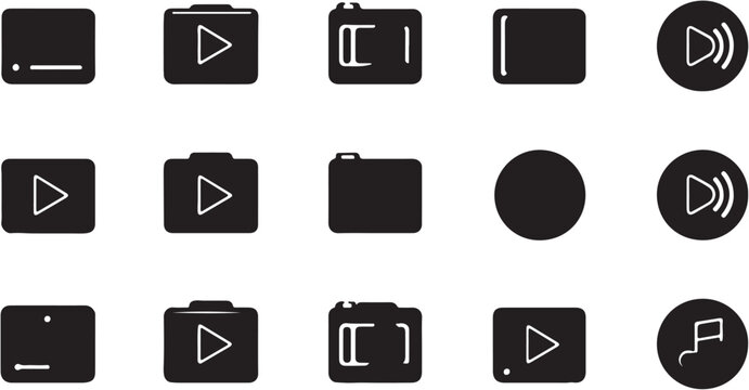 Minimalist black geometric play buttons on white background.
