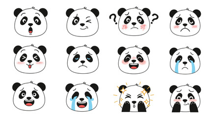 Naklejka premium Set of twelve panda face emojis displaying different emotions such as happy, sad, crying, surprised, and angry.