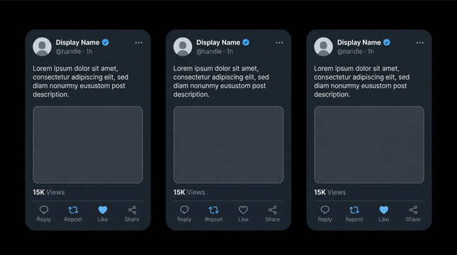 Social media mobile app UI UX interface smartphone screen mockup post feed, Twitter X timeline profile, comment, like, repost, share button. Social network application layout template illustration