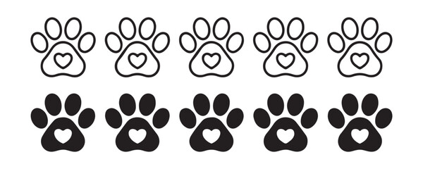 Fototapeta premium Paw print set with heart details in multiple styles for veterinary clinic branding or pet art projects.