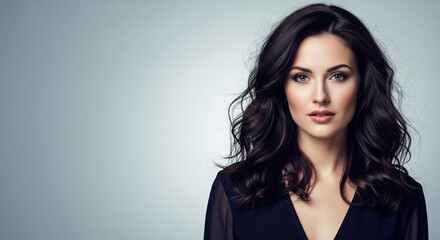 Fototapeta premium Close-up portrait of a beautiful woman with striking dark hair and a direct, confident look, perfect for beauty and fashion concepts