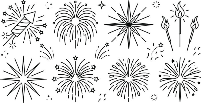 Fireworks celebration doodle vector set with party rocket firecracker sparkler pyrotechnics explosion night festival line art icons