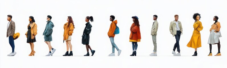 Fototapeta premium Ten diverse adults in colorful autumn coats, jackets, dresses and hats standing in profile side by side on a white background, calm casual expressions conveying poise and quiet anticipation