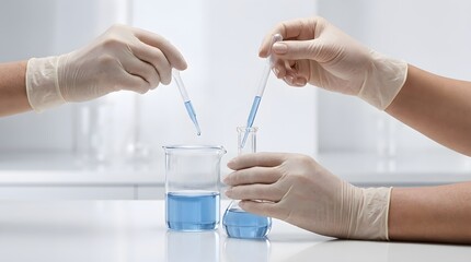 Fototapeta premium Scientists performing chemical experiments with blue liquid in laboratory.