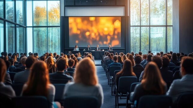 Attentive audience listening to a panel of four speakers on stage in a sunlit modern conference hall with large glass windows and a glowing presentation screen