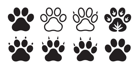 Fototapeta premium Various animal paw prints with claws and textures in multiple styles for forest and pet design tasks.