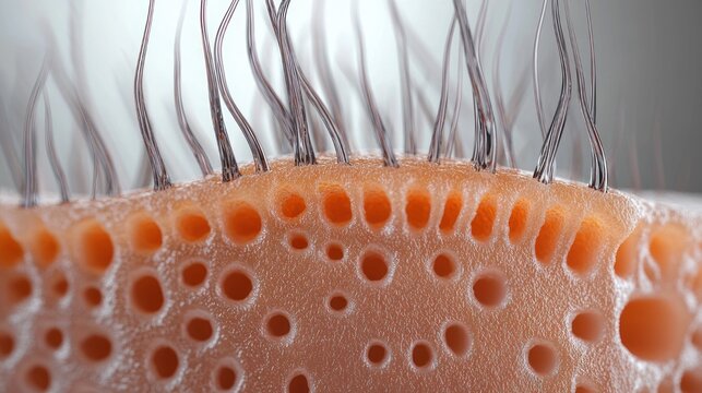 extreme close-up of an orange porous surface with many round holes and thin dark hair-like filaments emerging, highly detailed and uncanny macro texture evoking curiosity