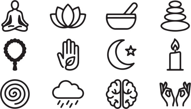 Collection of minimalist line art icons for various activities and concepts.