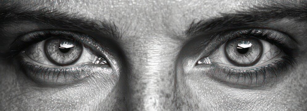 close-up black and white portrait of human eyes with detailed skin texture, visible pores, eyelashes and eyebrows, light reflections in the irises, conveying intense focus and vulnerability