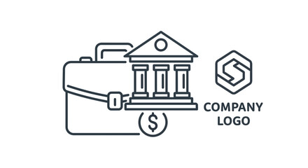 Fototapeta premium Business briefcase with bank building and dollar coin icon, company logo placeholder