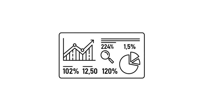 Business analytics dashboard with charts, graphs, and financial data icons.