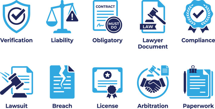 verification liability obligatory lawyer document compliance lawsuit breach license arbitration paperwork vector icon set.