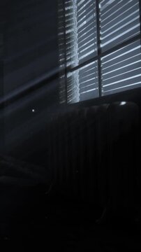 Light filters through the slats of closed blinds in a dimly lit room. The atmosphere is filled with shadows and hints of warmth from a radiator nearby. It is evening and quiet.