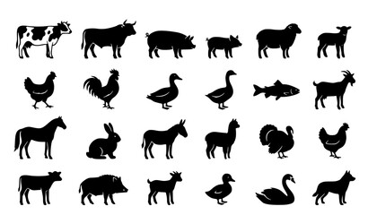 Fototapeta premium Farm Animal Silhouettes Vector Set Cow Pig Sheep Hen Duck Fish Livestock Icons