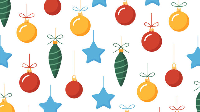 Seamless pattern of colorful Christmas ornaments on white background decoration holiday