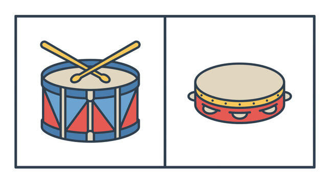 Musical instrument set with marching drum and tambourine.