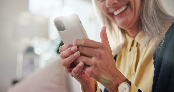 Senior, hands or woman with phone in home for internet browsing, social media meme or notification. Happy, pensioner and mobile app in retirement for online scroll, funny text message and connection