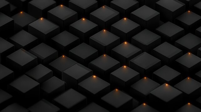 dark matte black 3d cube grid with tiny warm orange glowing lights, deep shadows and a sleek futuristic mysterious mood