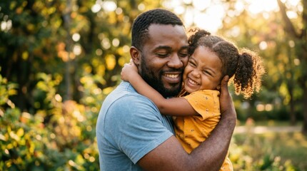 Fototapeta premium Joyful father lovingly embracing his happy daughter in a warm outdoor setting during golden hour