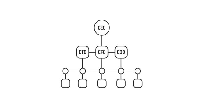 Business organizational chart showing CEO, CFO, CTO, COO and team structure
