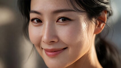 Fototapeta premium Asian Woman Portrait, Smiling Face, Natural Beauty, Soft Lighting, Outdoor Ambiance, Lifestyle Photography, Positive Emotion, Close-up Headshot