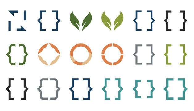 Collection of modern abstract vector logos and symbols featuring brackets, circular shapes, and organic leaves in various earthy colors.
