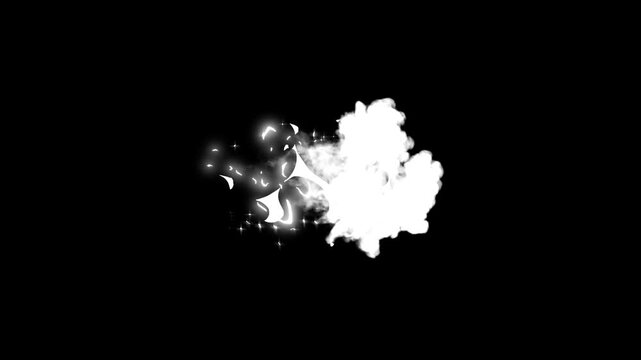 Smoke FX puff explosion, flash 2D smoke dust blast animation, realistic hand drawn spark burst, glow neon energy, alpha channel black screen, smoke burst explosion elements. 4K