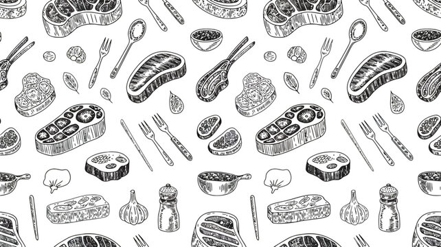 Steak and Meat Cuts Hand Drawn Seamless Pattern Black and White beef food
