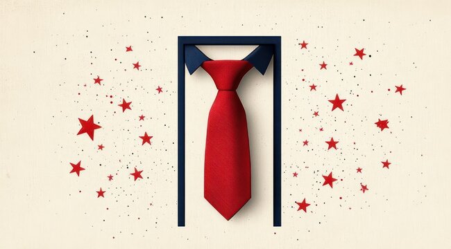 red necktie inside a navy collar and rectangular frame with scattered red stars on a textured beige background, conveying celebratory pride and professional confidence