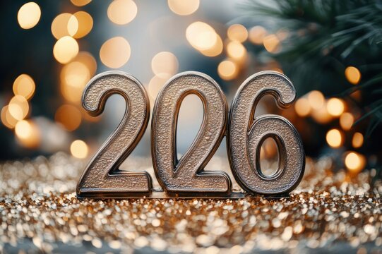 metallic numbers 206 on glittering gold surface with warm bokeh lights and evergreen branch, festive cheerful holiday celebration