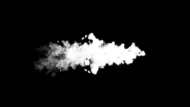 Smoke puff explosion 2D cartoon blast, flash energy sparks dust hand drawn animation, realistic smoke burst neon glow effects on black screen background, 4K explosion motion.