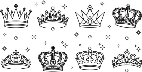 Royal crown and tiara doodle vector set with king queen prince princess imperial majesty and luxury line art icons © MdMursalin
