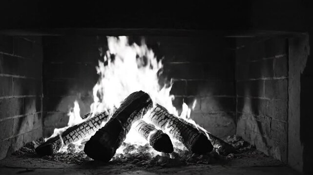 Cozy Black and White Fireplace with Burning Logs and Flames, Perfect for Background Footage