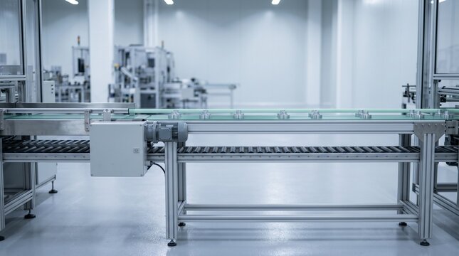 Industrial automated conveyor belt system in a modern cleanroom factory environment featuring mechanical precision engineering and metal components for high-tech manufacturing production lin