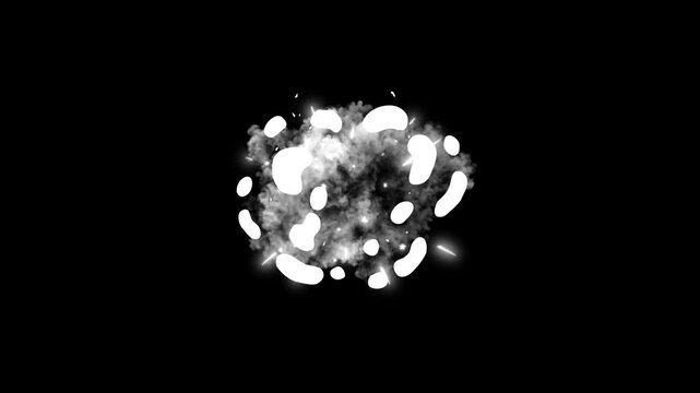 2D cartoon flash smoke burst explosion, dust smoke blast elements, realistic hand drawn energy sparks, alpha channel with black screen, smoke blast explosion animation. 4K