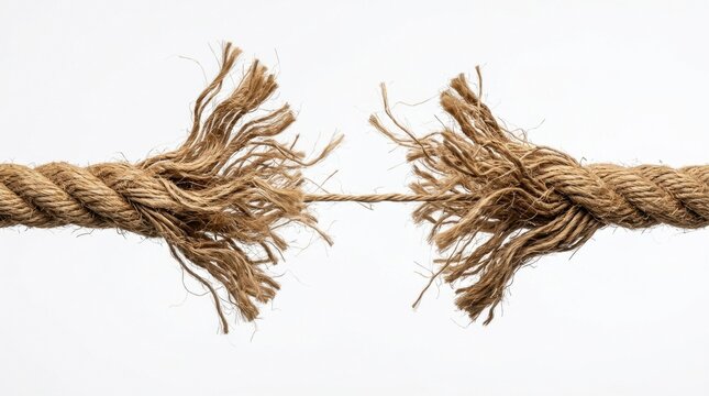Close-up of a natural fiber rope fraying and breaking apart under tension, with a single strand left representing extreme stress.