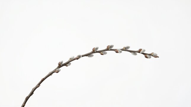 A single slender branch of pussy willow with soft furry catkins isolated on a clean white background minimalist nature photography for spring seasonal decor or floral arrangement element