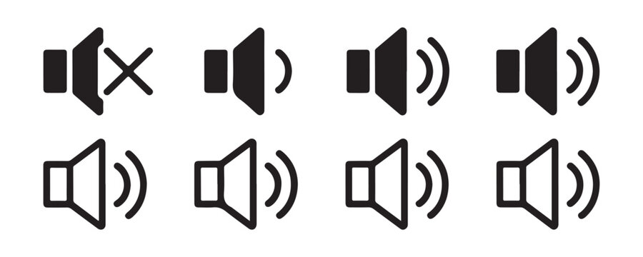 Set of volume icons representing different audio levels including mute and high sound intensity levels.