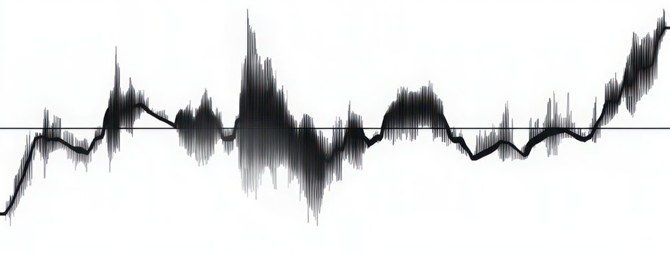 monochrome mirrored waveform across a horizontal axis with jagged vertical peaks and valleys conveying dynamic tension and rhythm
