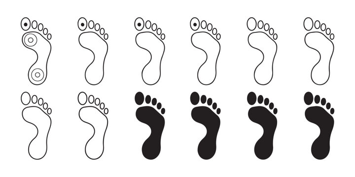 Human footprint outline and silhouette icon set showing orthopedic foot pressure points and flat feet.
