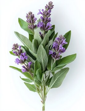 bundle of silvery green sage leaves with small purple flower spikes tied at the stems, fresh calming aromatic herb evoking delicate natural beauty