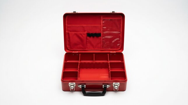 Open empty red emergency medical briefcase with compartments isolated on a white background for healthcare or first aid supply organization and storage concepts