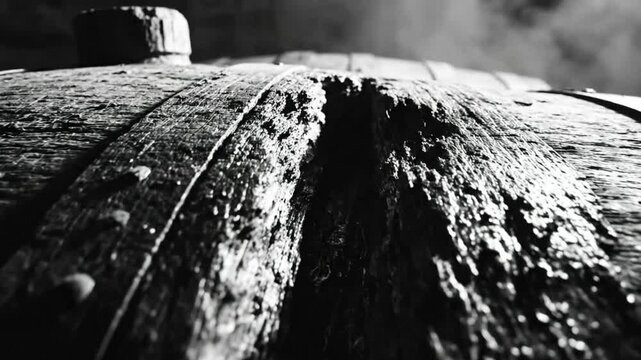 Black and white close up of a wooden barrel with a damaged surface and metal banding