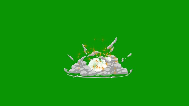 Smoke dust puff 2D cartoon flash explosion, smoke blast hand drawn sparks, neon glow energy burst on green screen background, motion smoke explosion effects. 4K